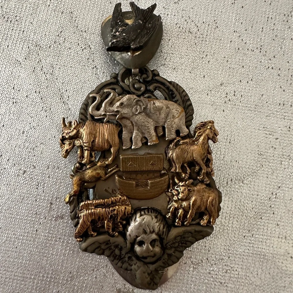 Vintage Noahs Ark Spoon Art Necklace Pendant Mixed Metal Giraffe Animals,